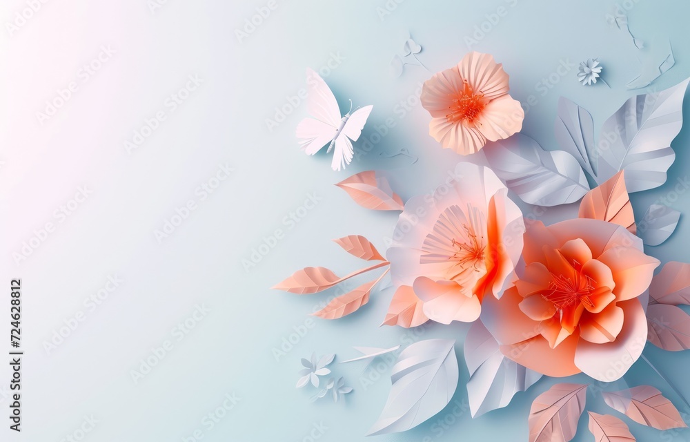 Fototapeta premium 3d flowers in pastel colors with leaves on blue background