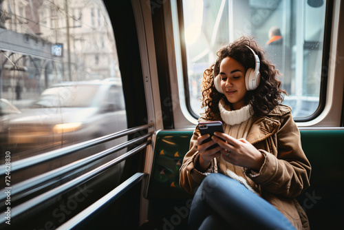 Young woman wearing headphones and enjoying music on her smartphone on a bus ride.