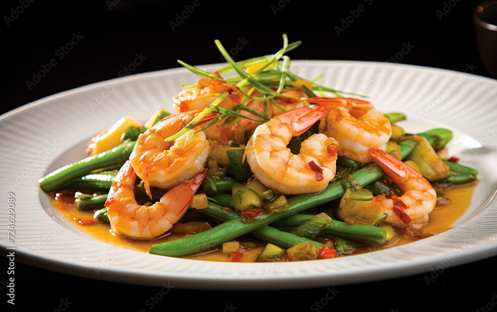 Shrimp dish with spring beans on a white plate Shrimp dish with spring beans on a white plate