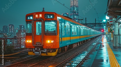 "Train coloré à quai la nuit, atmosphère calme et industrielle"