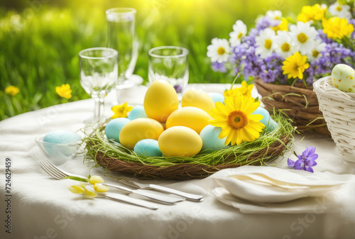 Vibrant Easter Brunch Table with Eggs and Flowers