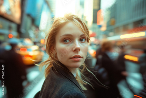 Blonde woman lost in city with blurred traffic at dusk