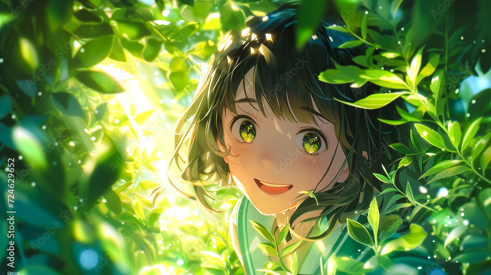 新緑の中で微笑む女の子のアニメ風イラスト 新緑の中で微笑む女の子のアニメ風イラスト