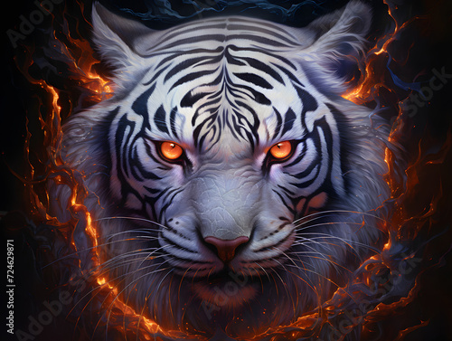 A white tiger with a fiery glow on its face