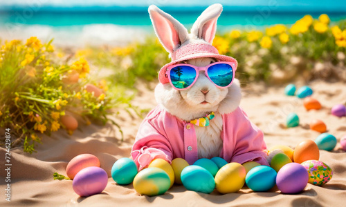 The Easter bunny is resting on the beach. Selective focus.