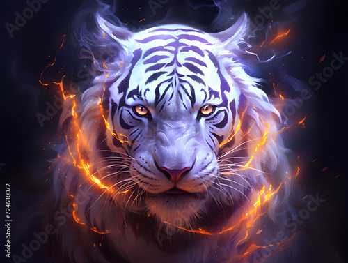 A white tiger with a fiery glow on its face
