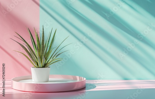 Kitchen podium with palm tree in trendy minimal design. Architecture interior background. 3d render
