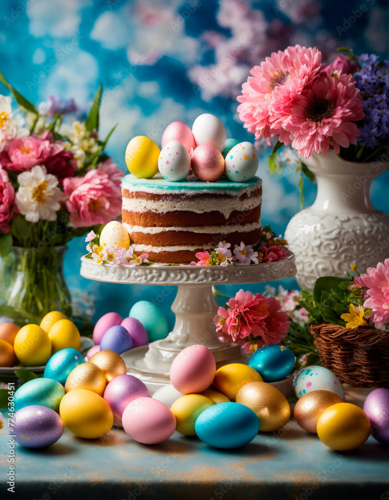 Easter bunny Easter cake and eggs. Selective focus.