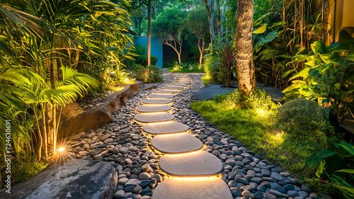 Garden stone walkway with lighted candles in the evening. photo