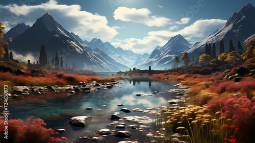 A panoramic view of a hidden turquoise blue lake, surrounded by a ring of mountains covered in vibrant wildflowers. The scene is a testament to the beauty of nature's palette