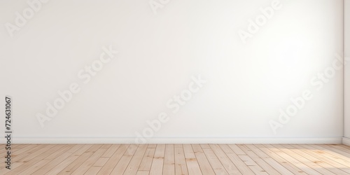Empty room with white walls, wooden floor. photo