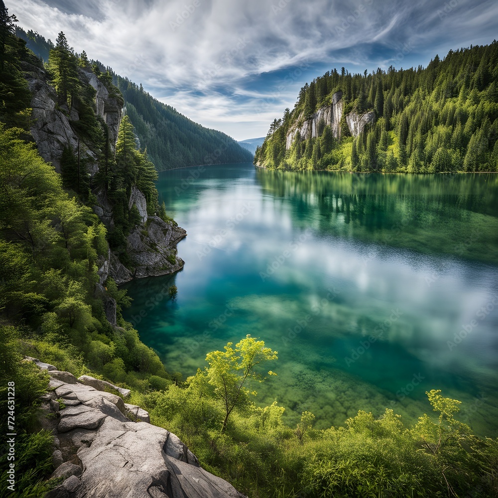 The water surface is calm and the forest scenery is beautiful. The water surface is calm and the forest scenery is beautiful.