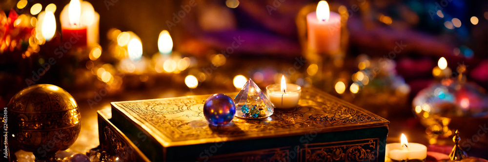 Accessories and candles for fortune telling on the table. Selective focus. - obrazy, fototapety, plakaty 