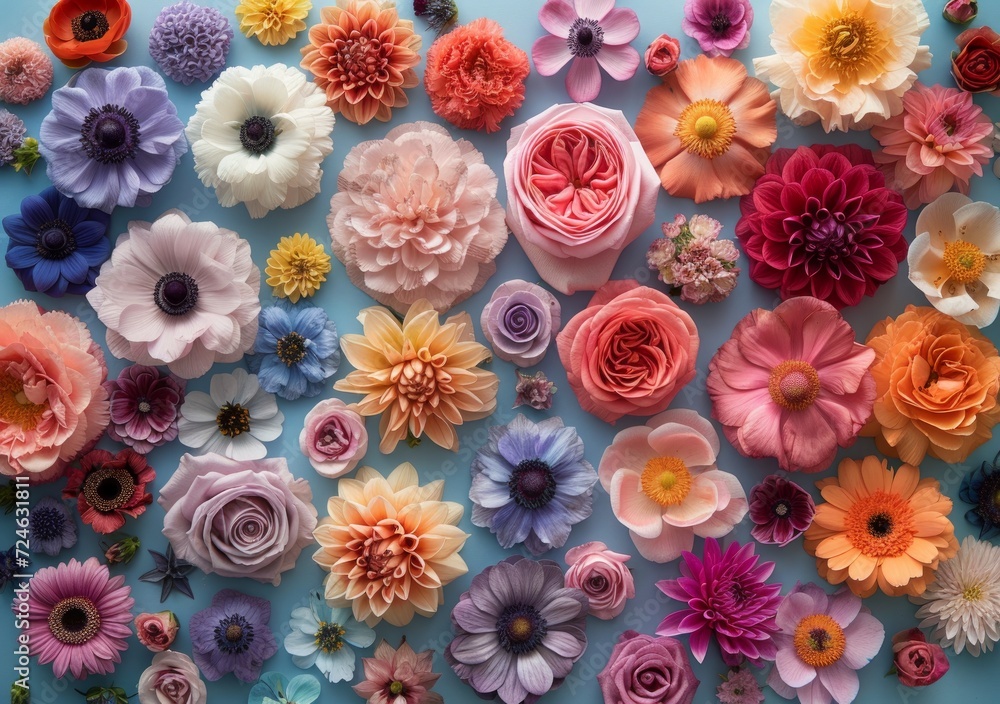 seamless pattern made of colorful flowers on pastel blue background. Generative AI seamless pattern made of colorful flowers on pastel blue background. Generative AI