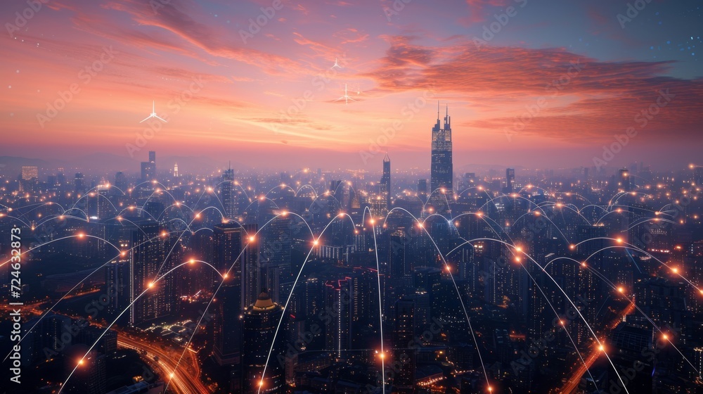 Smart Cityscape with Digital Network Connectivity, Conceptual IoT Infrastructure, Urban Technology Background