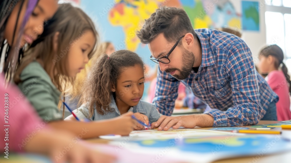 Creative Classroom Interaction, Teacher Assisting Student, Engaging Young Minds, Educational Development Creative Classroom Interaction, Teacher Assisting Student, Engaging Young Minds, Educational Development