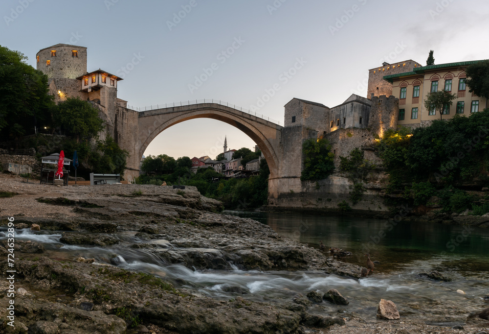 Old bridge in Mostar on the river Neretva at dawn, quiet morning