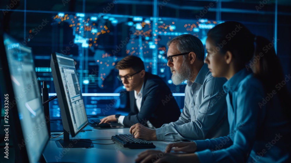 Team of IT Professionals Monitoring Networks in Operations Center, Showcasing High-Tech Workplace and Teamwork Team of IT Professionals Monitoring Networks in Operations Center, Showcasing High-Tech Workplace and Teamwork