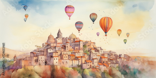 watercolor paint of City with a lot of beautiful houses on a hill and hot air balloons in the sky , generative AI photo