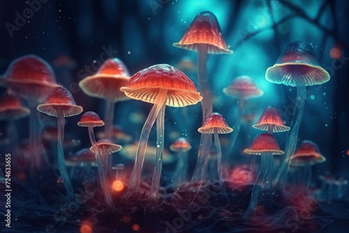 Neon illustration of magic mushrooms close-up glowing at night in mystical forest