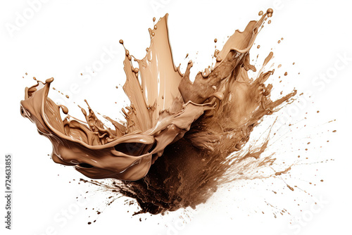 Splashes and drops of hot chocolate or cappuccino coffee on a white background , generative AI