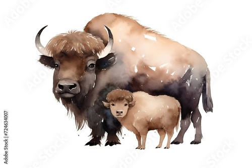 watercolor painting illustration of buffalo with his little cub isolated on a white background , generative AI
