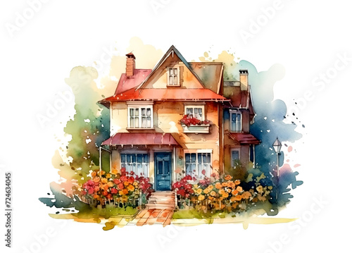 watercolor painting of modern three-story beautiful house on a street among flowers and plants on a white background , generative AI