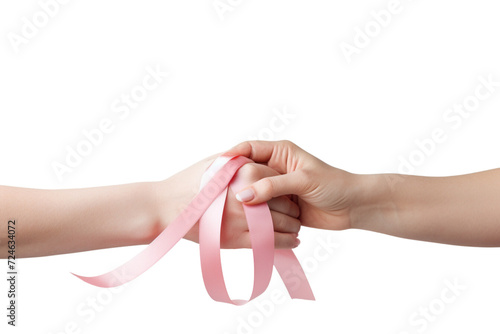 A touching scene of a caregiver tying an ovarian cancer ribbon around a loved one's wrist transparent background Png. Ai generated photo