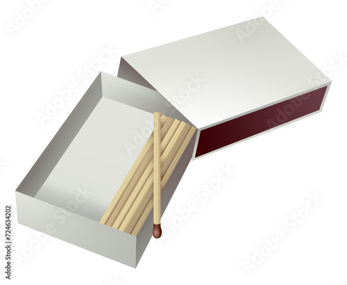 Opened matchbox. Sulphur and wooden sticks lying in open case. Top view and isometric projection illustration isolated on white background