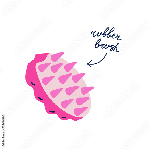 Pink rubber brush vector isolated clipart. Haircare item illustration in flat trendy style with handwritten typography