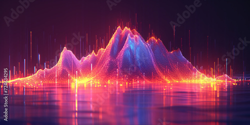 Glowing mountain amidst a dark, snowy landscape, illuminated by vibrant, fiery lights