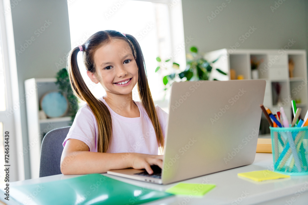 Portrait of little intelligent schoolkid sit chair use laptop online classroom modern interior flat indoors Portrait of little intelligent schoolkid sit chair use laptop online classroom modern interior flat indoors