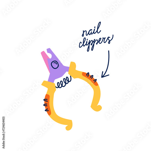 Dog nail clippers vector isolated clipart. Tool for pet owners and pet groomers in flat trendy colorful style. Pet claw clippers sticker with handwritten typography