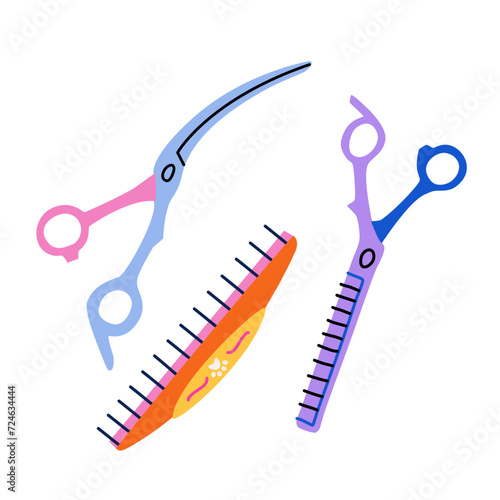 Set of hair cutting and styling tools. Blending scissors, curved shears, comb vector isolated cliparts. Equipment for professional hairdressers, barbers and pet groomers in flat trendy style