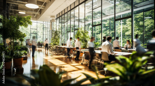 Modern eco-friendly office space with employees working and walking  surrounded by lush green plants and natural light  showcasing a dynamic and sustainable workplace environment