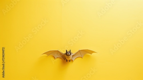 A bat in mid-flight against a solid yellow background, symbolizing adaptability and the beauty of nocturnal creatures, perfect for wildlife education.