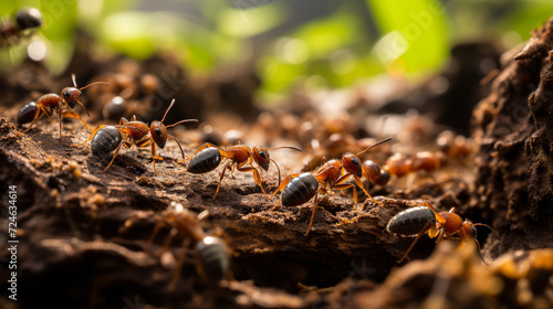 Busy ant colony at work on forest floor, macro shot with selective focus highlighting teamwork, nature's intricacy, and wildlife habitat