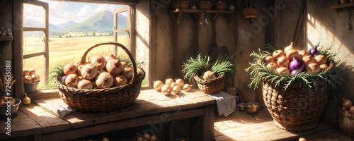 Fresh Harvest Basket with Garlics and Onions sits in the kitchen table © Jirut