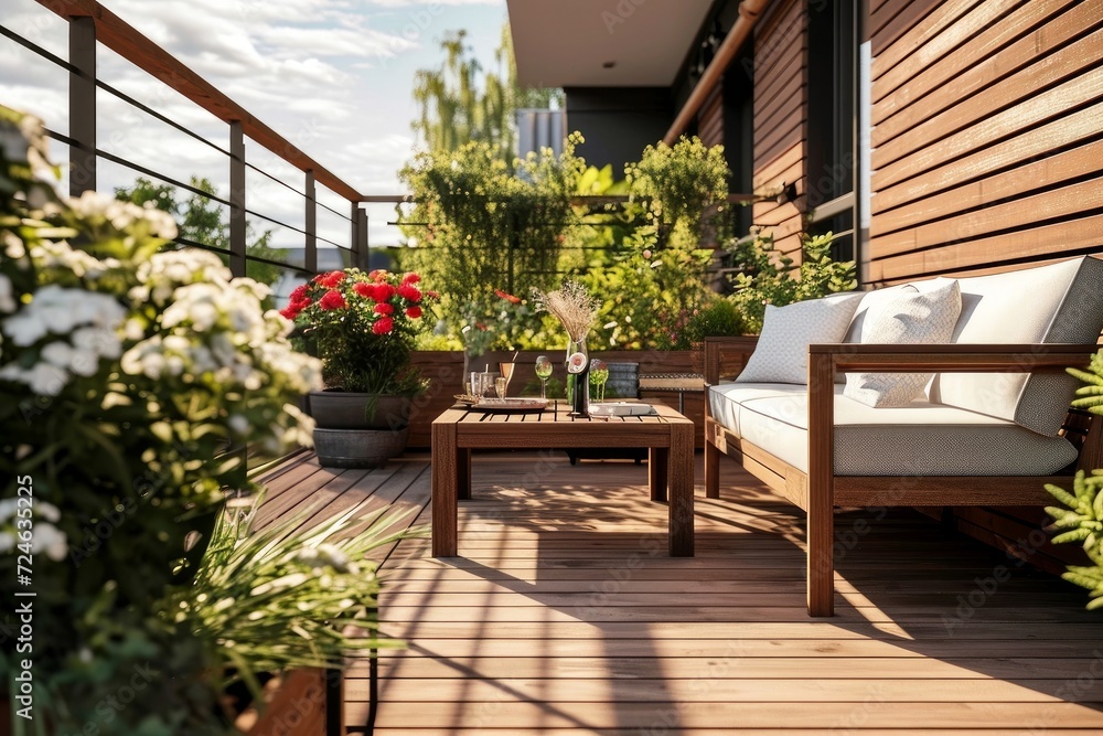Modern terrace with wood deck flooring and fence, green potted flowers plants and outdoors furniture. Beautiful cozy relaxing area at home. Sunny stylish balcony terrace in the, Generative AI 