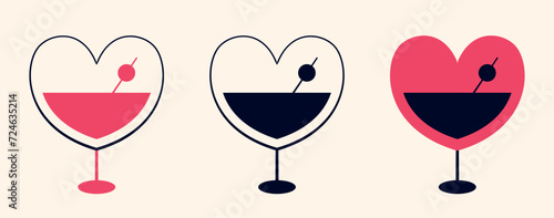 Set of heart shaped martini glasses. Simple art with cocktail glasses. Isolated design element for brand sign, icon, logo, etc. Theme of romance, bar, date, alcoholic beverages. Vector illustration.
