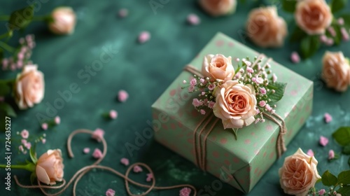 Luxury Gift Box with Roses on a Green Background