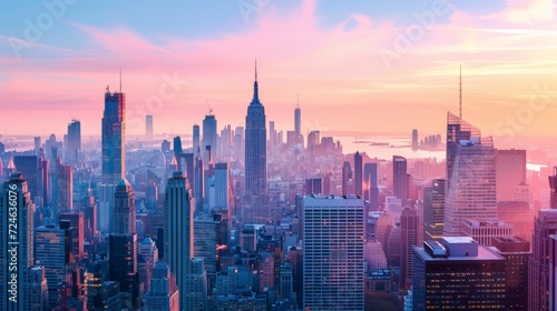 Panoramę Nowego Jorku panoramę na wschód słońca. Rankiem budynki biurowe / drapacze chmur na Manhattanie. Panoramiczny strzał w Nowym Jorku.