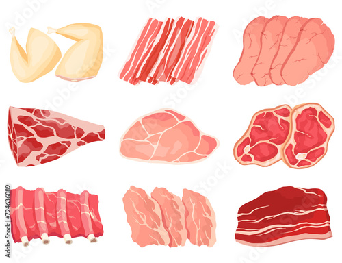 Meat icons set. Product for counter of the butcher store. Supermarket food. Top view decorative illustration