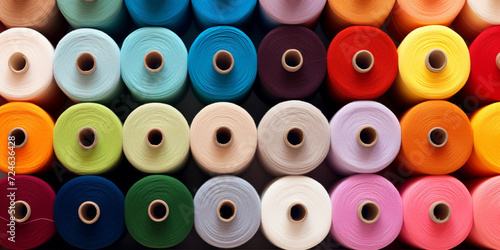 A large collection of threads is shown with the word needle on the front. Colorful spools of thread in textile factory. 