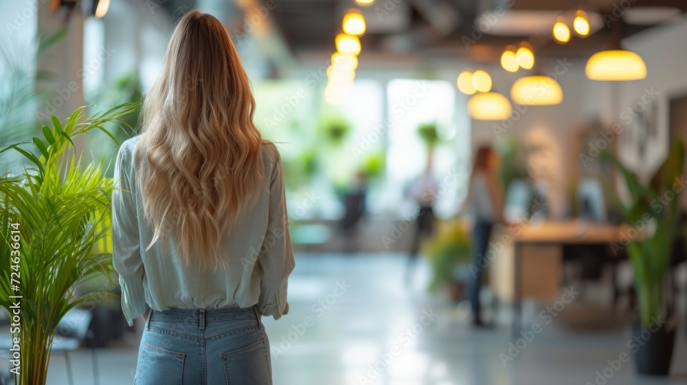 Fototapeta premium Describing an Office Environment with Casual-Dressed People and Blurry Bokeh Background