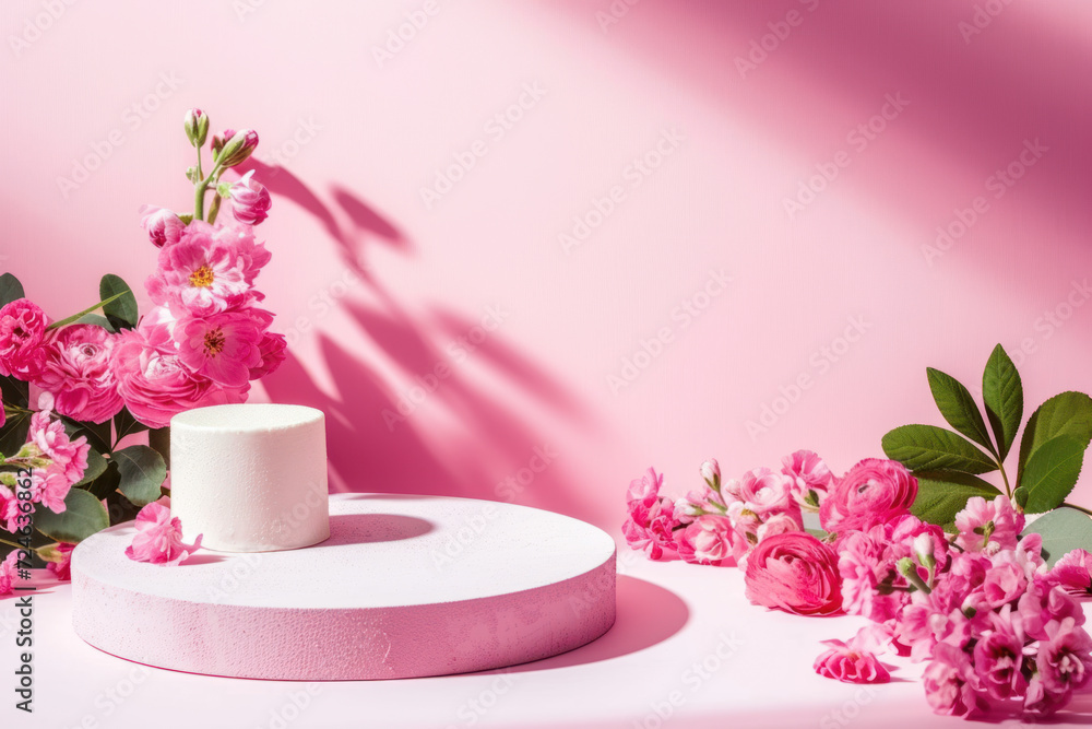 A chic white round podium surrounded by lush pink flowers under soft lighting, creating a romantic display setting.