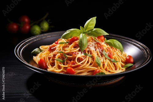 Delightful Spaghetti dish served in an Elegant Black Plate - Perfect Combination of Pasta