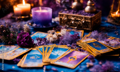 Accessories and candles for fortune telling on the table. Selective focus.