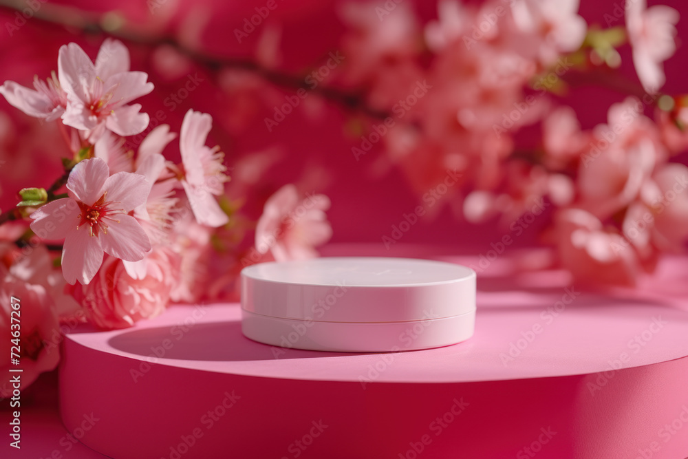 Pink round podium against a backdrop of delicate cherry blossoms, ideal for product showcase. Pink round podium against a backdrop of delicate cherry blossoms, ideal for product showcase.
