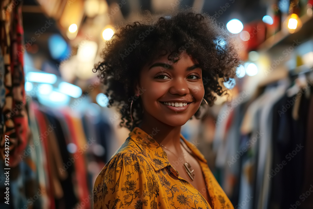Happy African American young woman shopping in clothing store, lifestyle Happy African American young woman shopping in clothing store, lifestyle